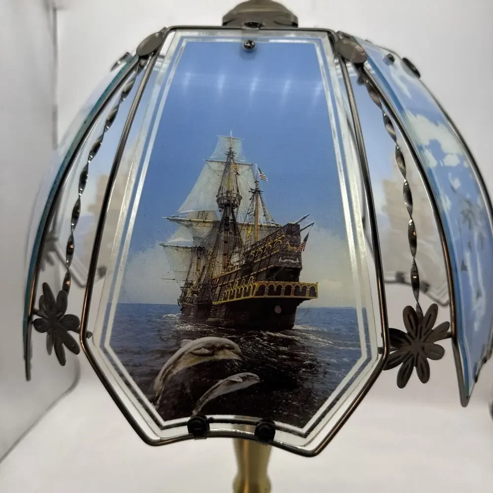 Vintage Y2K OK Lighting Touch Lamp, Marine Dolphins Shade, Gold Metal base